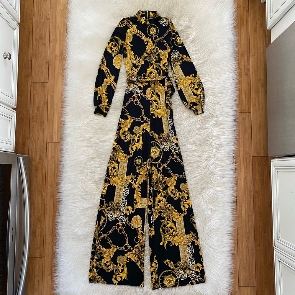Fashion Nova Black Yellow Gold Chain Print Wide Leg High Status Jumpsuit Gaudy - Picture 2 of 14
